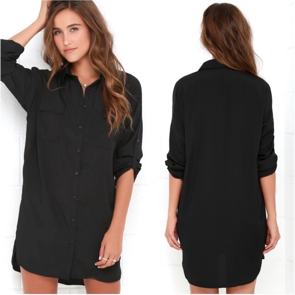 Lulus City Strut Black Button Down Shirt Dress Utility Mini Size S